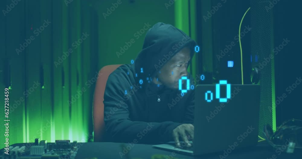 Poster animation of binary coding against african american male hacker using laptop at computer server room