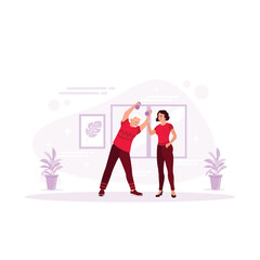 an older man is trained by a physiotherapist using dumbbells in a room. Therapist helping elderly patients in nursing homes. Trend Modern vector flat illustration