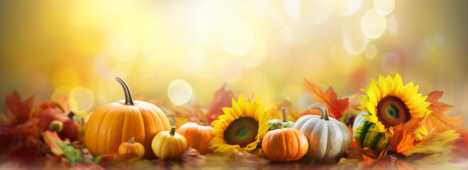 Autumn festive background. Joyful banner with warm seasonal colors, composition of pumpkins, fall leaves and sunflowers. Thanksgiving season banner. - obrazy, fototapety, plakaty
