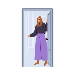 Happy woman opening unlocking home door, welcoming guests. Friendly girl indoor at entrance, greeting and inviting smb to enter house. Flat graphic vector illustration isolated on white background