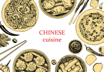 Chinese Restaurant Menu. Hand-drawn illustration of dishes and products. Ink. Vector