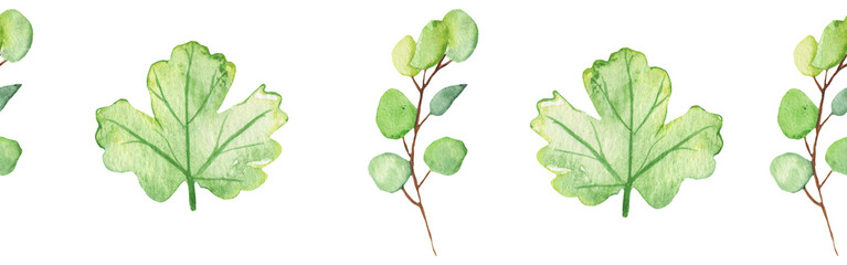 Seamless border green leaves trees and branches, foliage of natural branches, green leaves, herbs, tropical plants hand drawn watercolor on white background.