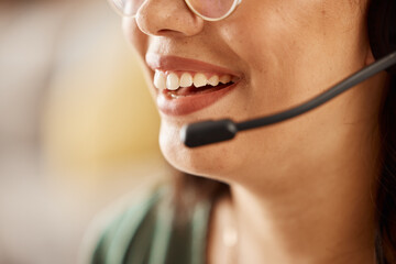 Customer support, microphone headset and mouth of happy woman consulting, networking and chat on...