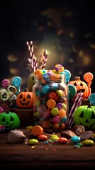 Fototapeta premium Halloween sweet colorful candies dark background