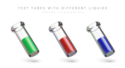 Set of narrow laboratory test tubes with green, red, blue liquid. Glassware for experiments. Tilted objects with reflections and shadows. Color volumetric icons for web design