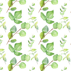 Seamless pattern green leaves trees and branches, foliage of natural branches, green leaves, herbs, tropical plants hand drawn watercolor on white background.