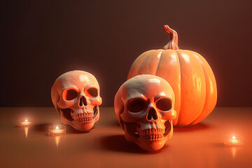 Halloween pumpkins and skulls 3D dark background