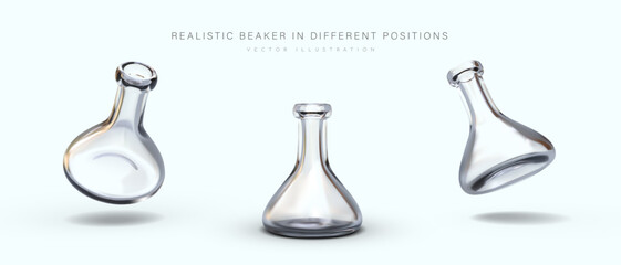 Realistic transparent laboratory beaker. Empty triangular conical flask, view from different sides. Vector image on white background. Icons for web design