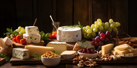 Assorted cheeses with grapes, fruit and nuts on wooden board, composition of various types of...