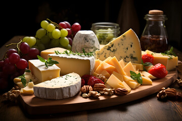 Assorted cheeses with grapes, fruit and nuts on wooden board, composition with different types of cheeses