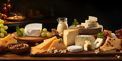 Assorted cheeses with grapes, fruit, milk and nuts on wooden board, composition of various types of...