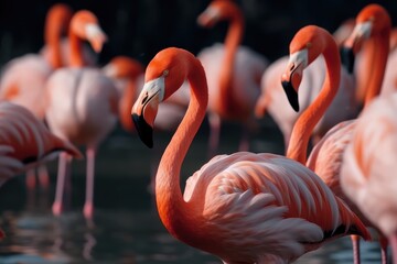 Pink flamingos close up in lake, AI generated