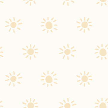 Scattered sun forming sea life sun seamless vector pattern in a palette of pale yellow and off white. Great for home decor, fabric, wallpaper, gift wrap, stationery, design projects.
