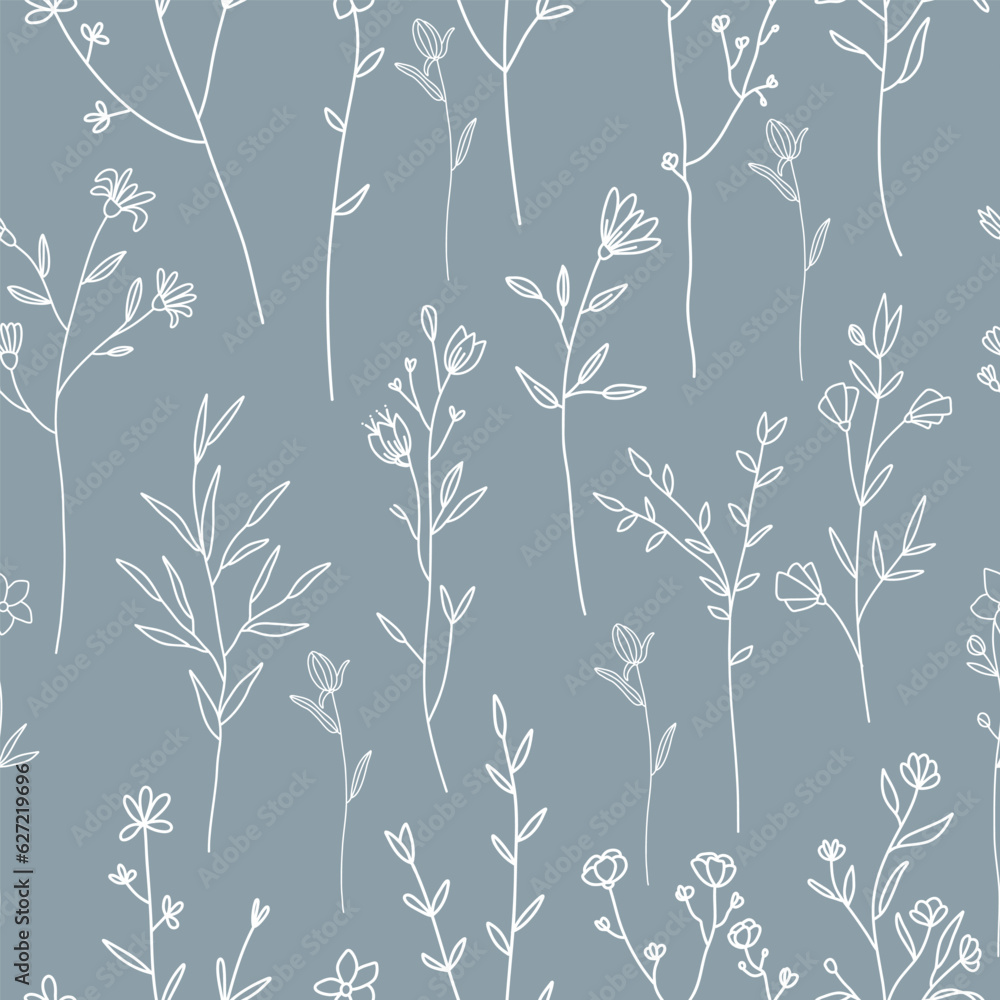 Wall mural Seamless floral vector pattern, elegant branches and wildflowers in minimal style background, hand drawn line art flowers and plants