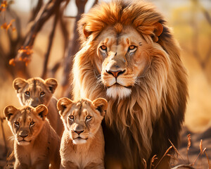 AI generated. A Pride of lions in the savanna.