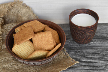 light shortbread cookies in a plate and a cup of milk on burlap