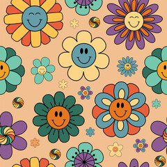 Floral vector seamless pattern in groovy retro style, hand drawn funny flowers, retro floral ornament - 627219698
