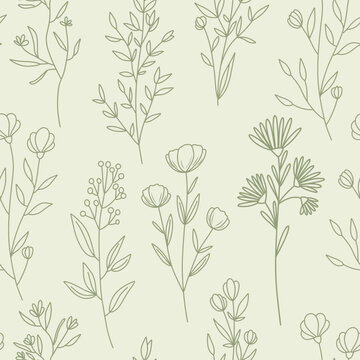 Seamless floral vector pattern, elegant branches and wildflowers in minimal style background, hand drawn line art flowers and plants
