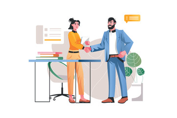 Business deal concept with people scene in the flat cartoon style. Colleagues solve important issues regarding joint work. Vector illustration.