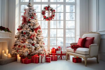 A Cozy New Year's Haven: White Room Interior in Red Tones with Decorated New Year Tree, Gift Boxes, and Artificial Fireplace. created with Generative AI