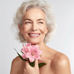 Portrait of a smiling woman with a pink lotus in her hand. Happy middle aged woman in a studio with a single bright pink flower. Beautiful smiling woman with a tender lotus on a gray background.