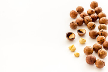 Raw macadamia nuts food. Healthy protein snack background