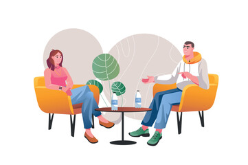 Interview concept with people scene in the flat cartoon style. A journalist interviews a famous person. Vector illustration.