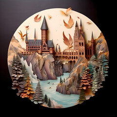 Castle on a Hill - Handcrafted Layered Paper Art for Creative Artistic Collage,AI Generated.