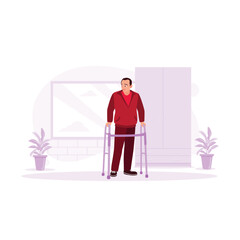 An old disabled man was learning to walk using a walker. Concept of physical activity training. Trend Modern vector flat illustration