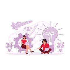 Business development plan. Two young entrepreneurs are planning a business planning growth strategy. Trend Modern vector flat illustration