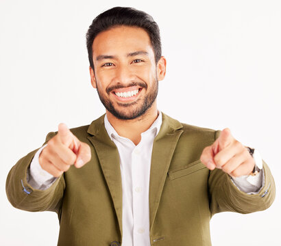 Portrait, asian man and pointing to you in studio, white background and hands for choice of business decision, winner or opportunity. Happy HR manager, finger emoji and vote of hiring for recruitment
