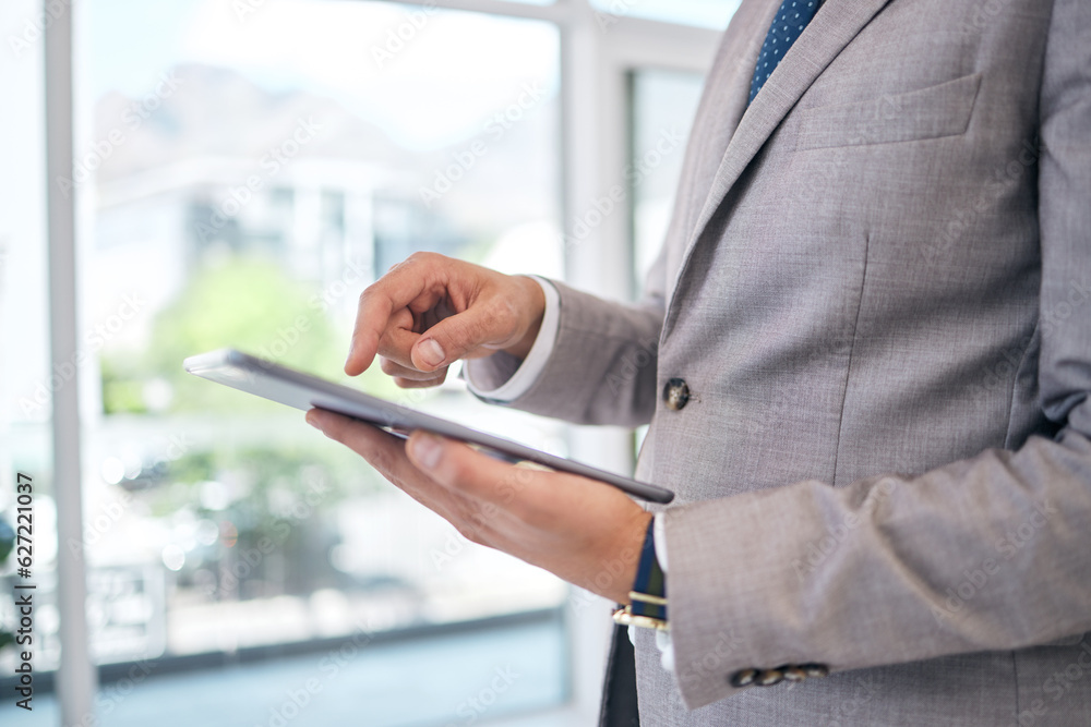 Poster hands, tablet and professional man with research in office for project management for career. closeu