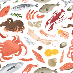 Seamless pattern with seafood products. Fresh fish, crab, lobster and shrimps. Concept for fish farms and food markets. Food rich in protein. Vector illustration isolated on white background.