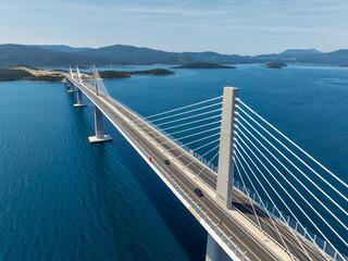 Fototapeta na wymiar Amazing aerial view of the Peljesac bridge, which connects the mainland with the peninsula, near Ston in Croatia
