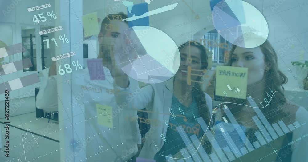 Poster animation of statistical data processing on diverse colleagues discussing over memo notes at office