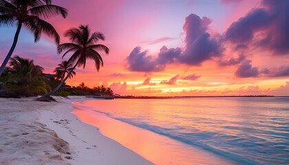 Fototapeta na wymiar sandy beach with palm trees at sunrise in the Bahamas made with Generative AI
