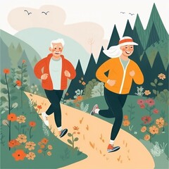 Fototapeta premium Happy senior couple jogging in the forest in matching sports costumes, illustration. Clip art of cheerful elderly partners on a walk in the woods. Art of a beautiful elderly couple outdoors.
