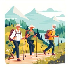 Group of old people hiking in the mountains, illustration. Happy senior people on vacation, art. Healthy elderly group hiking in the mountains, vector illustration. People trekking outdoors..