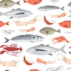 Seamless pattern with seafood products. Fresh fish, lobster and shrimps. Concept for fish farms and food markets. Food rich in protein. Vector illustration isolated on white background.