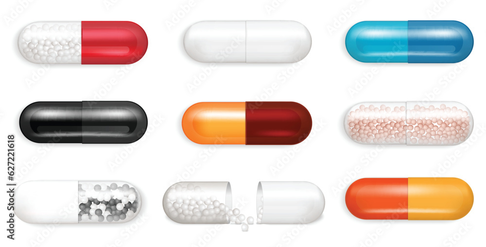 Sticker realistic pill capsules set