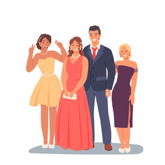 Fototapeta premium Portrait of beautiful young group of people in dresses and suit. Celebrate birthday or graduation concept. Party with friends. Colorful flat vector illustration in cartoon style