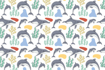 Seamless pattern with Dolphin fin,Dolphin tail, Dolphins. Cute Marine pattern for fabric, baby clothes, background, textile,wrapping paper and other decoration.Vector illustration