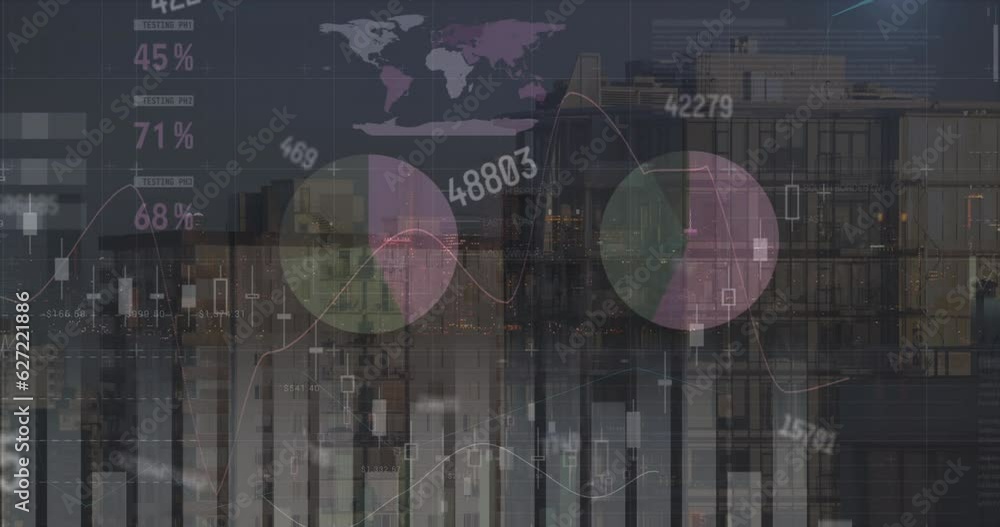 Poster animation of changing numbers and statistical data processing against aerial view of tall buildings