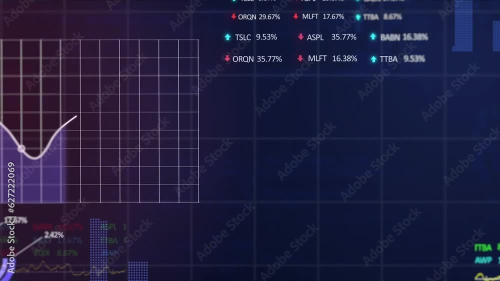Poster animation of statistical and stock market data processing against purple gradient background