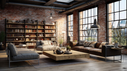 Living room interior in loft, industrial style