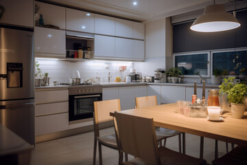 The table wooden in the kitchen interior white modern