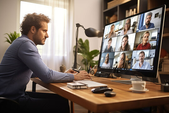 Businessmen having virtual team meeting on video conference call using computer at home