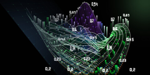 Abstract background color graph wavy with circles and data blurred lines on dark. Technology wireframe  concept in virtual space. Big Data. Banner for business, science and technology data analytics.