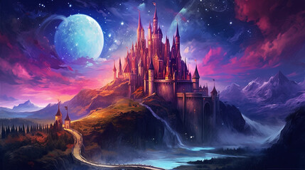 Fototapeta premium Landscape with fantasy castle and moon. Illustration with magic castle kingdom cartoon background.