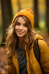 Portrait of young happy smiling girl in autumn park in a yellow hat and jacket, positive cheerful young woman enjoying a walk outdoors in autumn forest